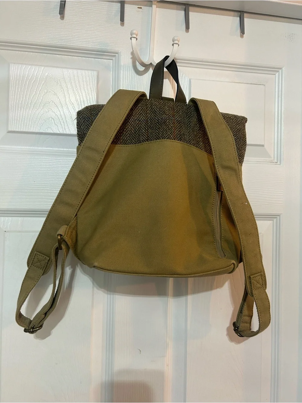 Harris Tweed Canvas Roll-Top Backpack with Tweed Trim - Olive Green
